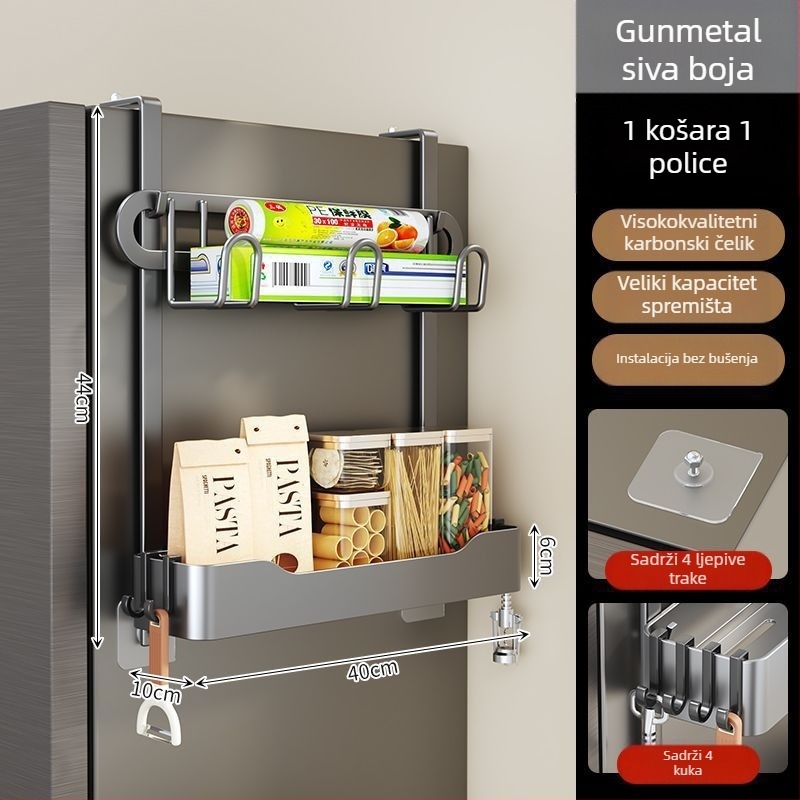 Bočni regał hladnjaka - bez bušenja, višeslojni kovni organizator za začine i foliju za zamatanje
