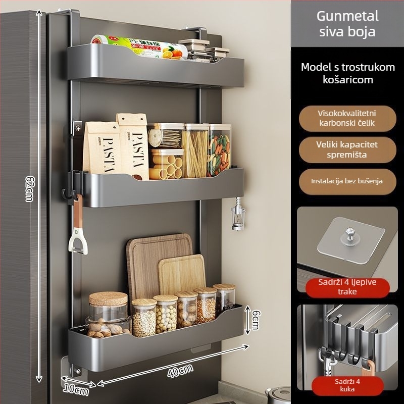 Bočni regał hladnjaka - bez bušenja, višeslojni kovni organizator za začine i foliju za zamatanje