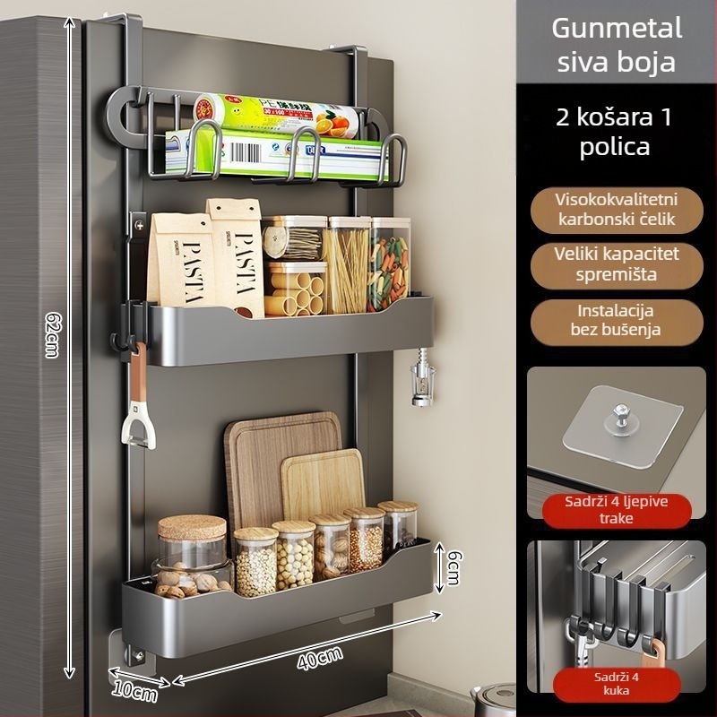 Bočni regał hladnjaka - bez bušenja, višeslojni kovni organizator za začine i foliju za zamatanje