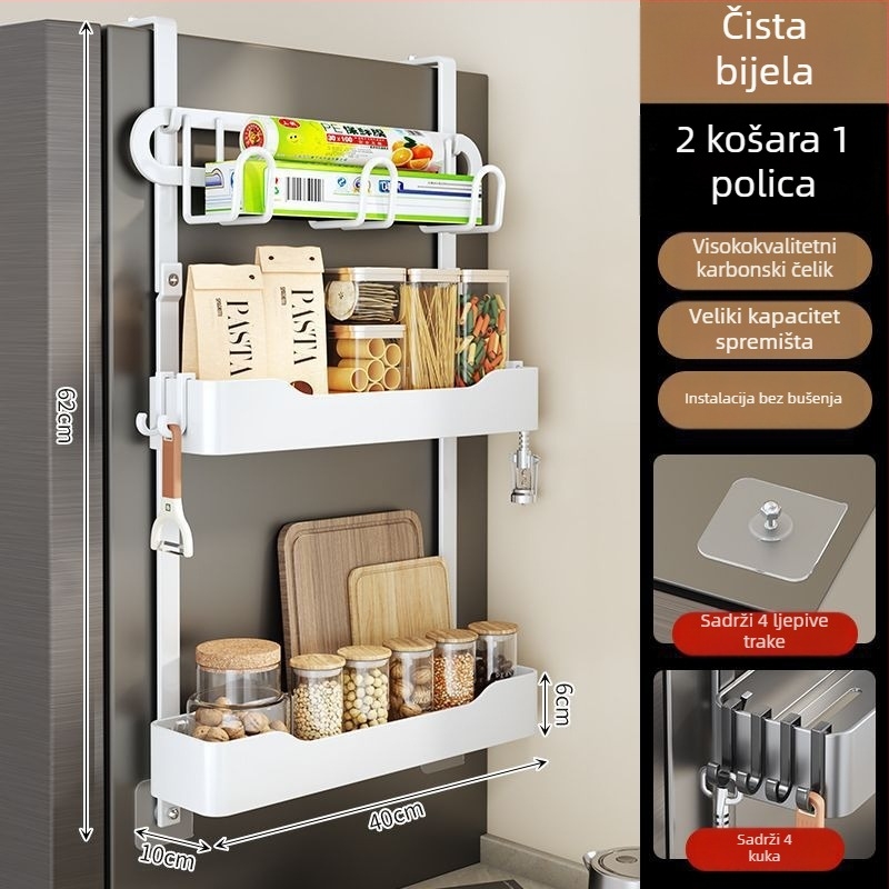 Bočni regał hladnjaka - bez bušenja, višeslojni kovni organizator za začine i foliju za zamatanje