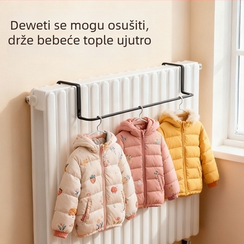 Kuka za radijator s integriranim držačem za odjeću – željezo, jednostruko kuka, moderni minimalistički stil, nosivost 1–3 kg, predstavljanje zimi 2025
