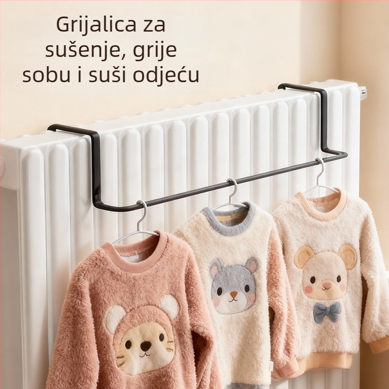 Kuka za radijator s integriranim držačem za odjeću – željezo, jednostruko kuka, moderni minimalistički stil, nosivost 1–3 kg, predstavljanje zimi 2025