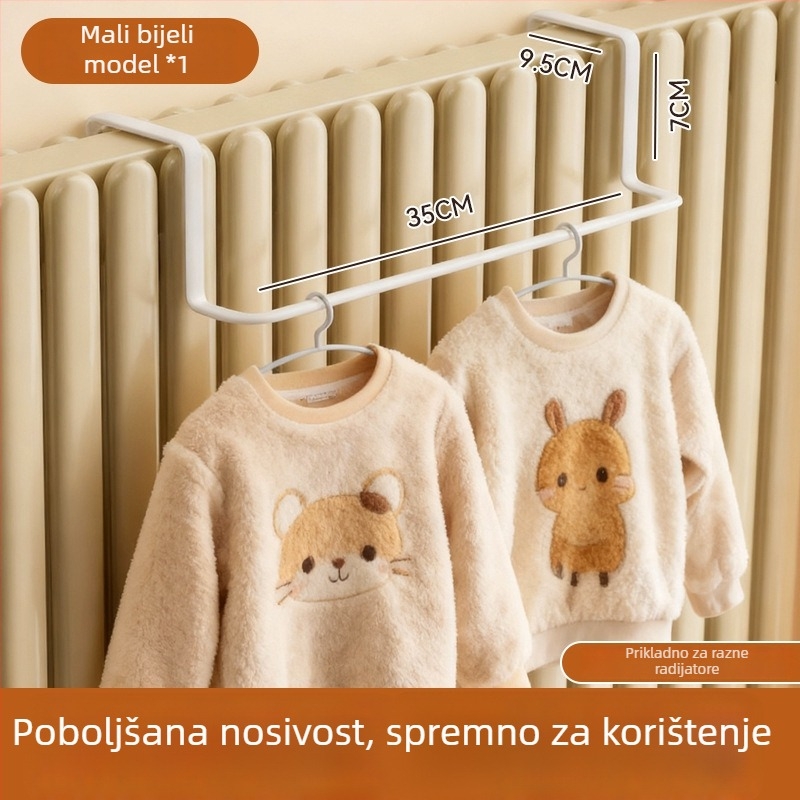 Kuka za radijator s integriranim držačem za odjeću – željezo, jednostruko kuka, moderni minimalistički stil, nosivost 1–3 kg, predstavljanje zimi 2025