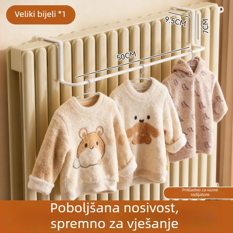Kuka za radijator s integriranim držačem za odjeću – željezo, jednostruko kuka, moderni minimalistički stil, nosivost 1–3 kg, predstavljanje zimi 2025