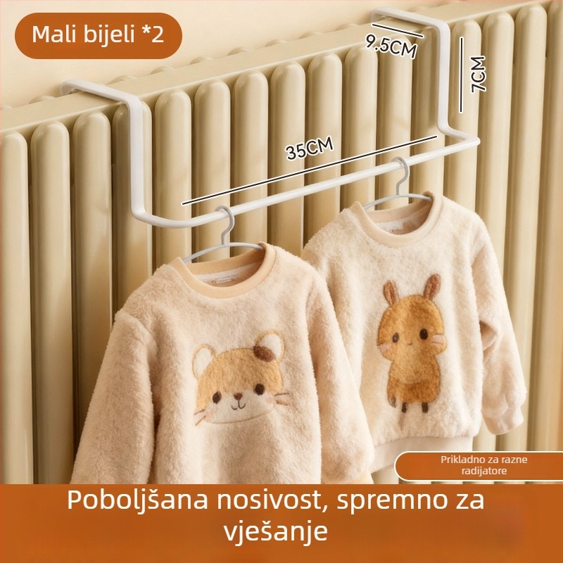 Kuka za radijator s integriranim držačem za odjeću – željezo, jednostruko kuka, moderni minimalistički stil, nosivost 1–3 kg, predstavljanje zimi 2025