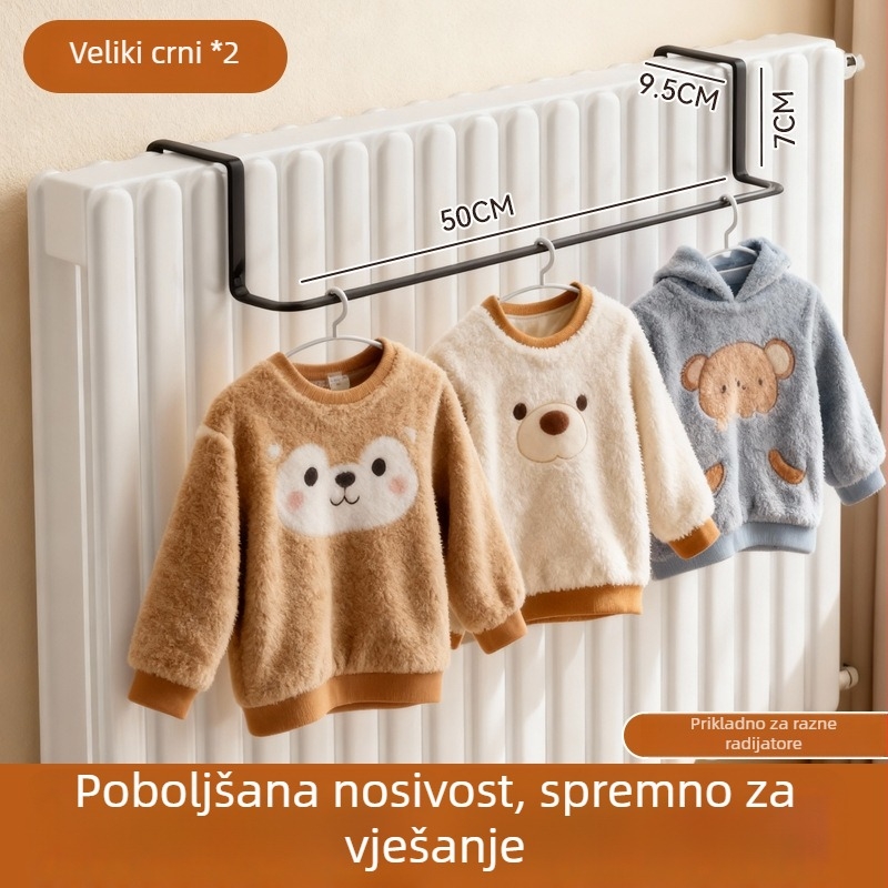 Kuka za radijator s integriranim držačem za odjeću – željezo, jednostruko kuka, moderni minimalistički stil, nosivost 1–3 kg, predstavljanje zimi 2025