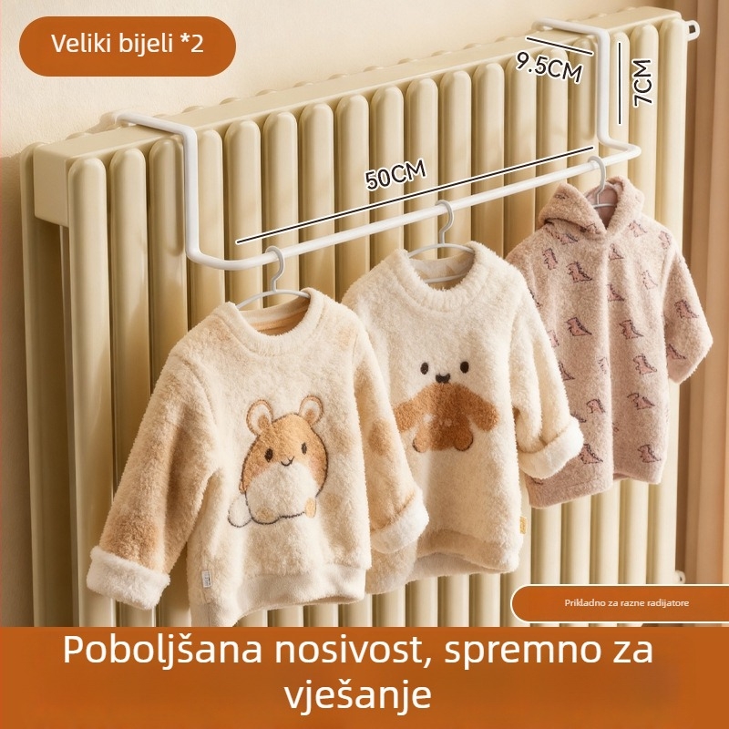 Kuka za radijator s integriranim držačem za odjeću – željezo, jednostruko kuka, moderni minimalistički stil, nosivost 1–3 kg, predstavljanje zimi 2025