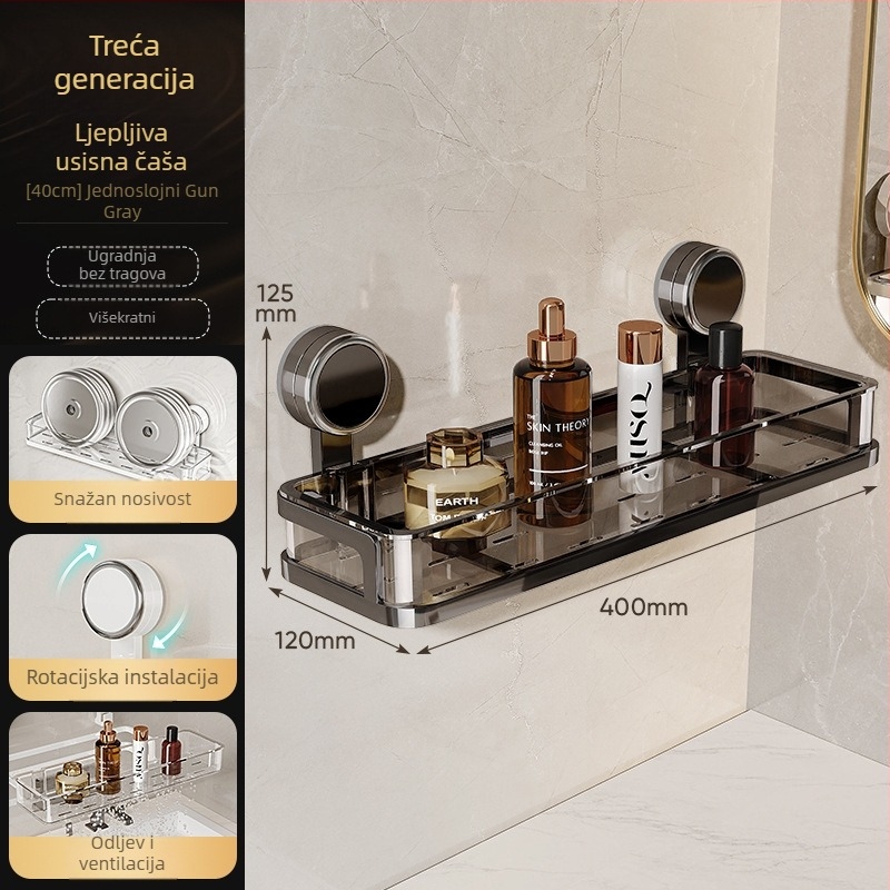 Zidni stalak za kupaonicu s usisnim sustavom, bez bušenja, jednom nivou, nosivost 1–5 kg, plastični završni sloj