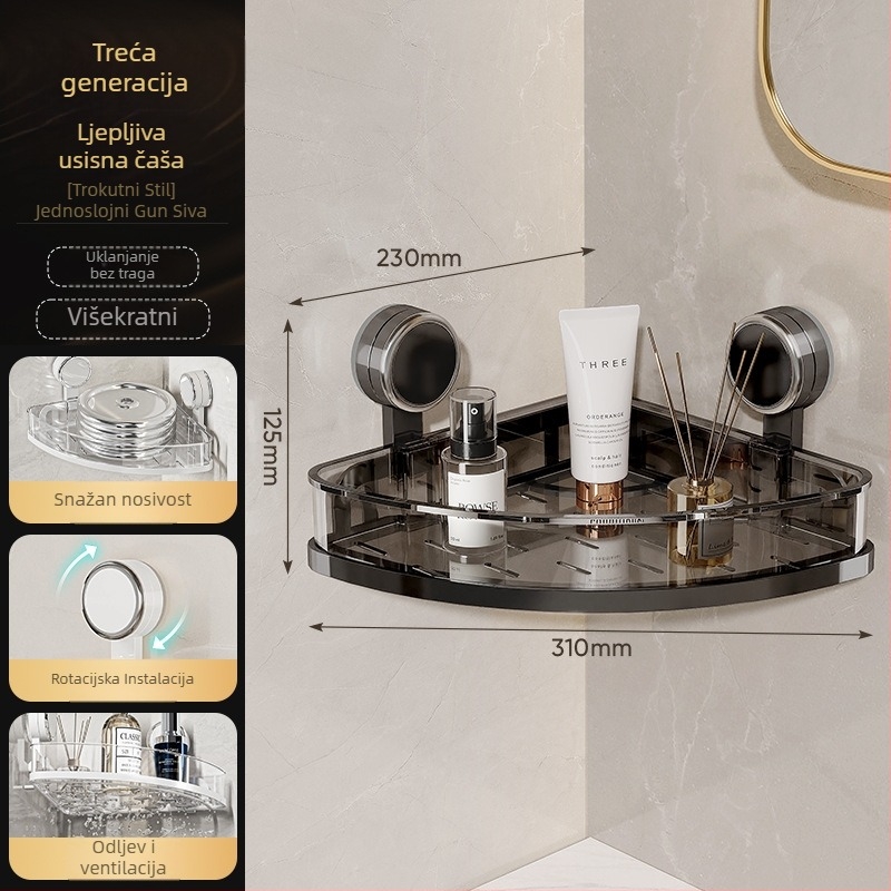 Zidni stalak za kupaonicu s usisnim sustavom, bez bušenja, jednom nivou, nosivost 1–5 kg, plastični završni sloj