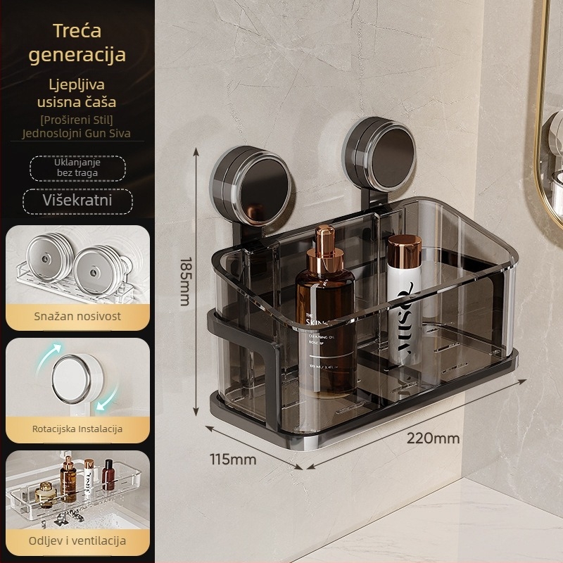 Zidni stalak za kupaonicu s usisnim sustavom, bez bušenja, jednom nivou, nosivost 1–5 kg, plastični završni sloj