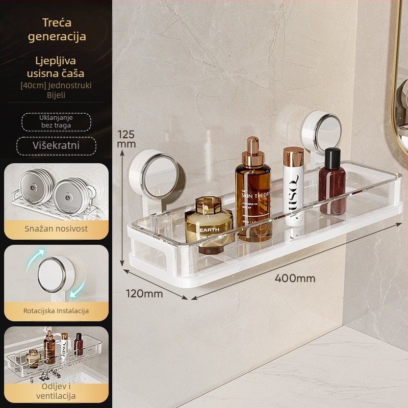 Zidni stalak za kupaonicu s usisnim sustavom, bez bušenja, jednom nivou, nosivost 1–5 kg, plastični završni sloj