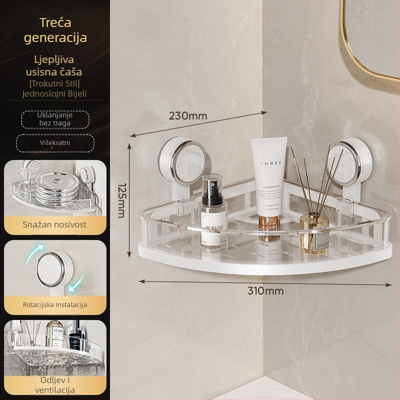 Zidni stalak za kupaonicu s usisnim sustavom, bez bušenja, jednom nivou, nosivost 1–5 kg, plastični završni sloj