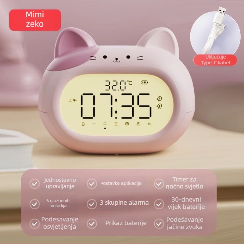 Budilnik za učenike — dječji dizajn, pokazivački zaslon, punjiv, Mimitoou/Mimi Rabbit pokret, kućište MDF+PVC