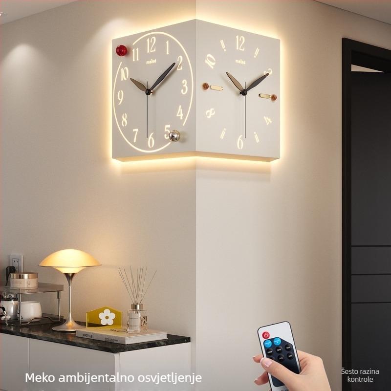 Kutni dvostrani zidni sat - baterijsko napajanje, Mercada mehanizam, metalno kućište i brojčanik, jednostavan modern stil