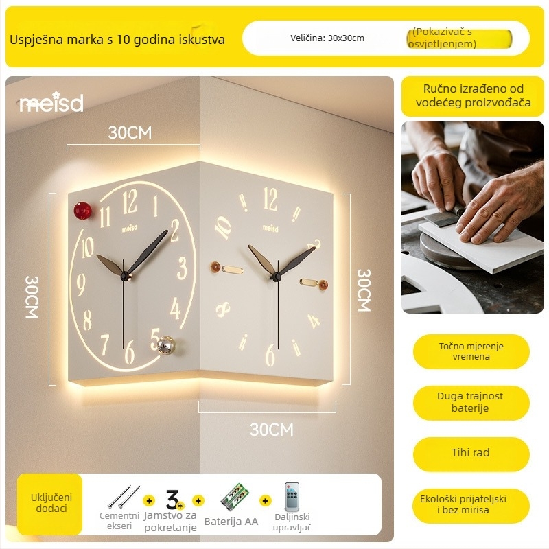 Kutni dvostrani zidni sat - baterijsko napajanje, Mercada mehanizam, metalno kućište i brojčanik, jednostavan modern stil