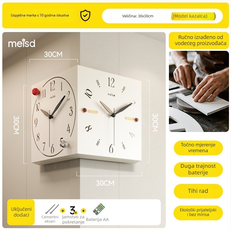 Kutni dvostrani zidni sat - baterijsko napajanje, Mercada mehanizam, metalno kućište i brojčanik, jednostavan modern stil
