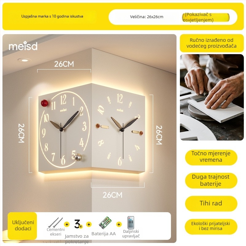 Kutni dvostrani zidni sat - baterijsko napajanje, Mercada mehanizam, metalno kućište i brojčanik, jednostavan modern stil