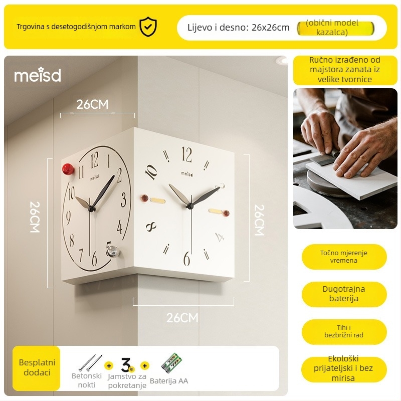 Kutni dvostrani zidni sat - baterijsko napajanje, Mercada mehanizam, metalno kućište i brojčanik, jednostavan modern stil