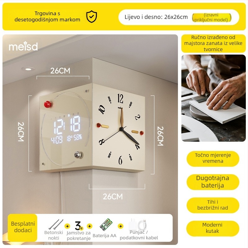 Kutni dvostrani zidni sat - baterijsko napajanje, Mercada mehanizam, metalno kućište i brojčanik, jednostavan modern stil