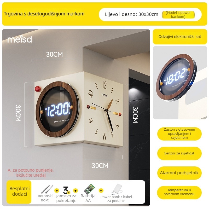 Kutni dvostrani zidni sat - baterijsko napajanje, Mercada mehanizam, metalno kućište i brojčanik, jednostavan modern stil