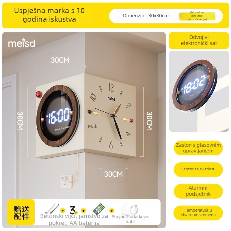 Kutni dvostrani zidni sat - baterijsko napajanje, Mercada mehanizam, metalno kućište i brojčanik, jednostavan modern stil