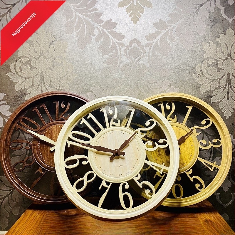 Zidni sat, kružni oblik, retro europski stil, analogni brojčanik s brojkama, napaja se baterijom, precizan mehanizam, pogodan za dnevni boravak