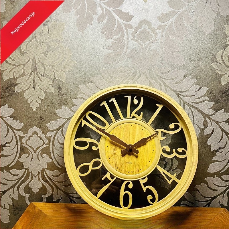 Zidni sat, kružni oblik, retro europski stil, analogni brojčanik s brojkama, napaja se baterijom, precizan mehanizam, pogodan za dnevni boravak
