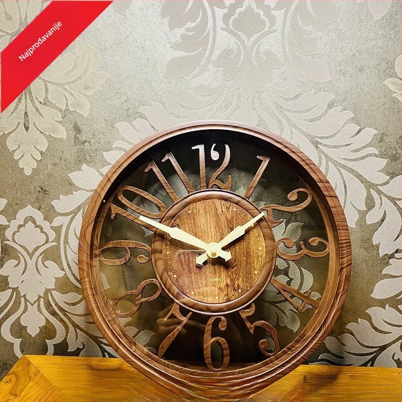 Zidni sat, kružni oblik, retro europski stil, analogni brojčanik s brojkama, napaja se baterijom, precizan mehanizam, pogodan za dnevni boravak