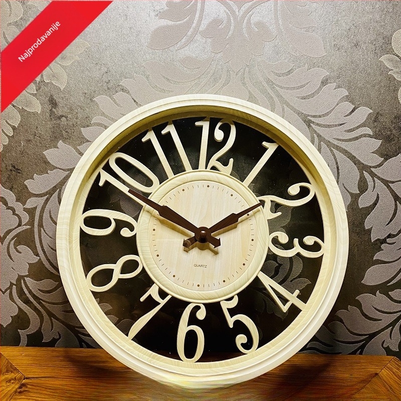 Zidni sat, kružni oblik, retro europski stil, analogni brojčanik s brojkama, napaja se baterijom, precizan mehanizam, pogodan za dnevni boravak