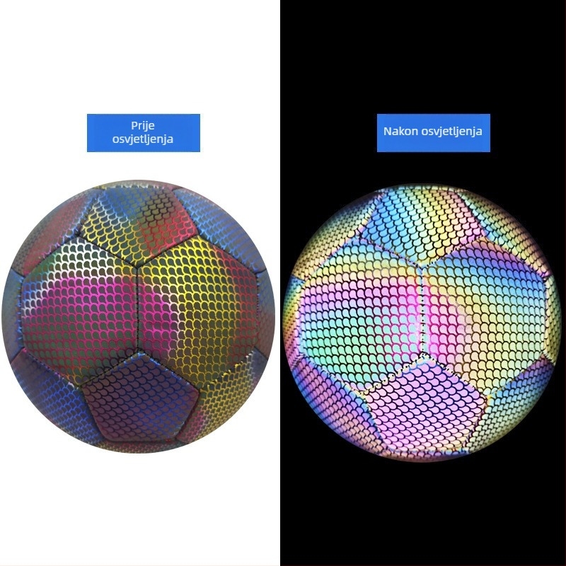 TPU nogometna lopta, šivanje strojem, svjetleća fluorescencija i reflektirajuća površina, prilagođeni logo