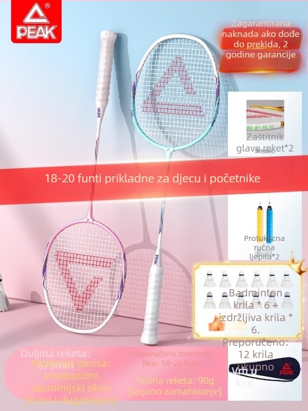 Raketa za badminton s karbonskim okvirom, najlonske žice, težina 95–100 g, držač G2, horizontalni udar