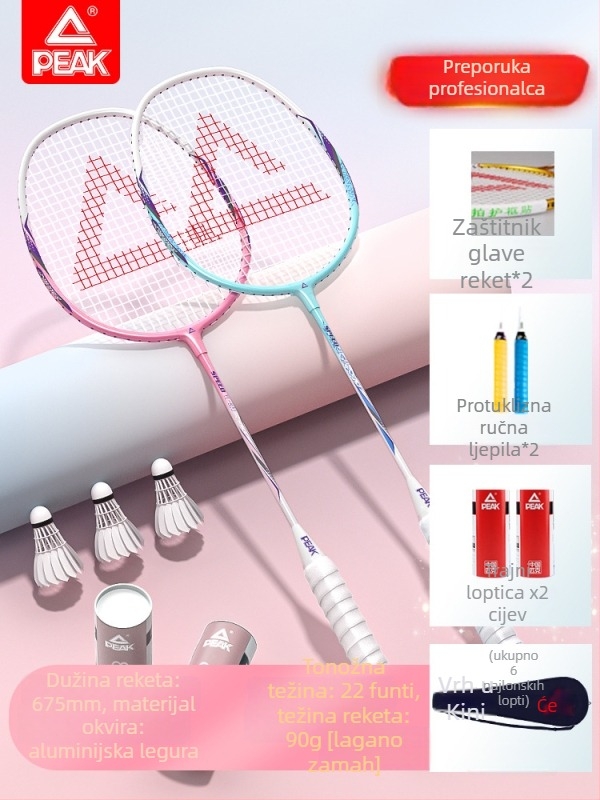 Raketa za badminton s karbonskim okvirom, najlonske žice, težina 95–100 g, držač G2, horizontalni udar