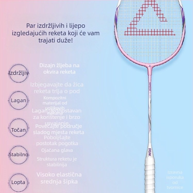 Raketa za badminton s karbonskim okvirom, najlonske žice, težina 95–100 g, držač G2, horizontalni udar