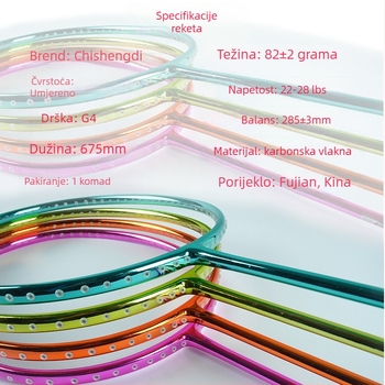 Raketa za badminton s karbonskim okvirom, težina 80–84 g, dizajn ravne glave, mogućnost prilagodbe, otisnuto logo