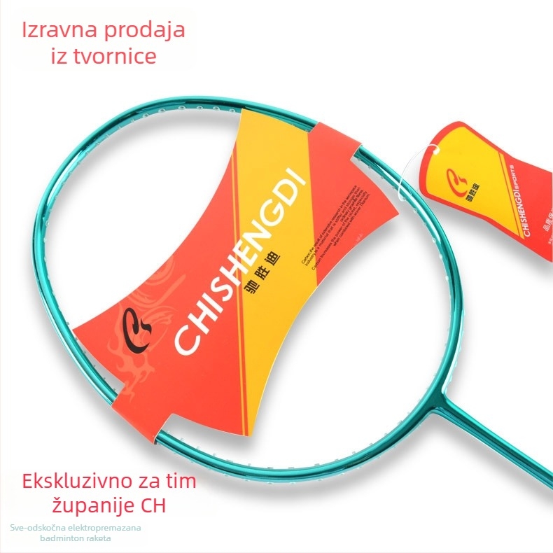 Raketa za badminton s karbonskim okvirom, težina 80–84 g, dizajn ravne glave, mogućnost prilagodbe, otisnuto logo