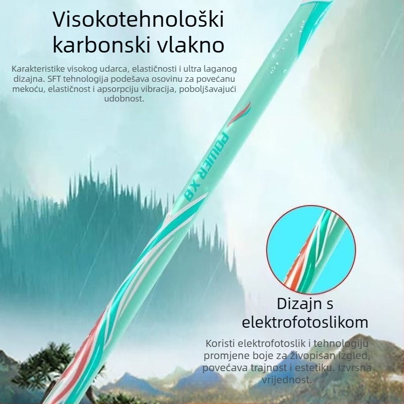 Zongjian badminton raketa s okvirom od željeznog legura, najlonske žice, neposredni udar, težina 85–89 g, mogućnost prilagođavanja