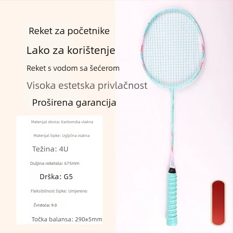 Zongjian badminton raketa s okvirom od željeznog legura, najlonske žice, neposredni udar, težina 85–89 g, mogućnost prilagođavanja