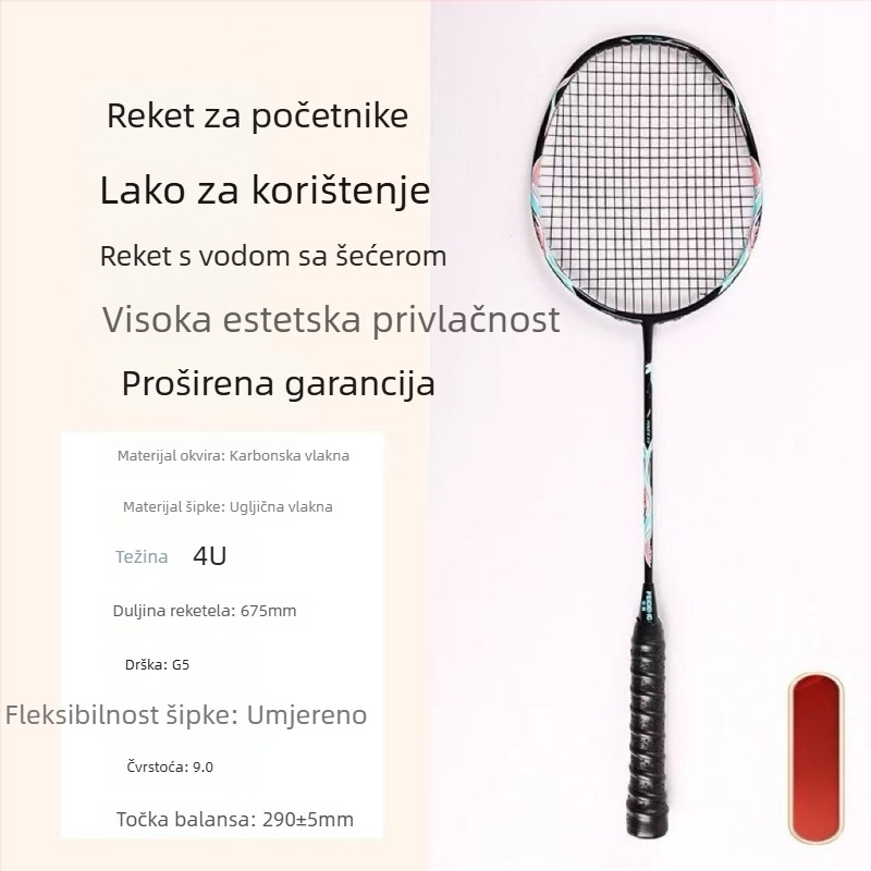 Zongjian badminton raketa s okvirom od željeznog legura, najlonske žice, neposredni udar, težina 85–89 g, mogućnost prilagođavanja