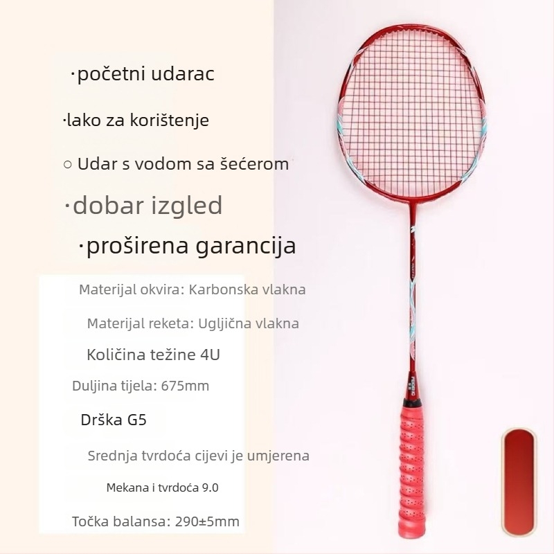 Zongjian badminton raketa s okvirom od željeznog legura, najlonske žice, neposredni udar, težina 85–89 g, mogućnost prilagođavanja