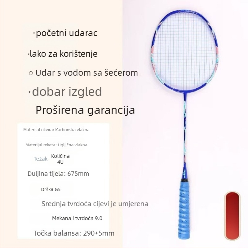 Zongjian badminton raketa s okvirom od željeznog legura, najlonske žice, neposredni udar, težina 85–89 g, mogućnost prilagođavanja