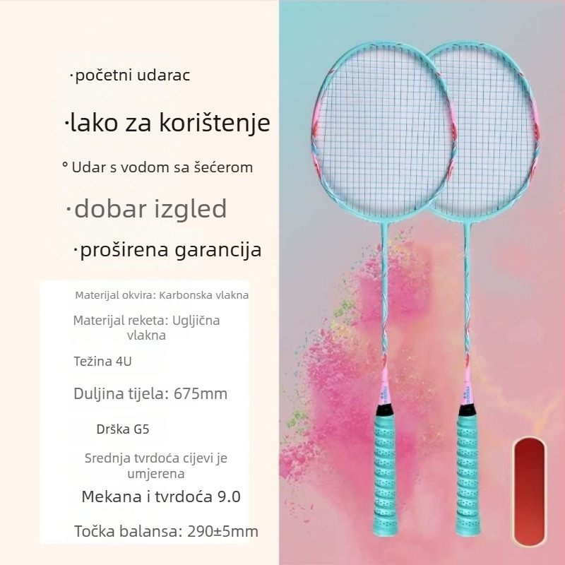 Zongjian badminton raketa s okvirom od željeznog legura, najlonske žice, neposredni udar, težina 85–89 g, mogućnost prilagođavanja