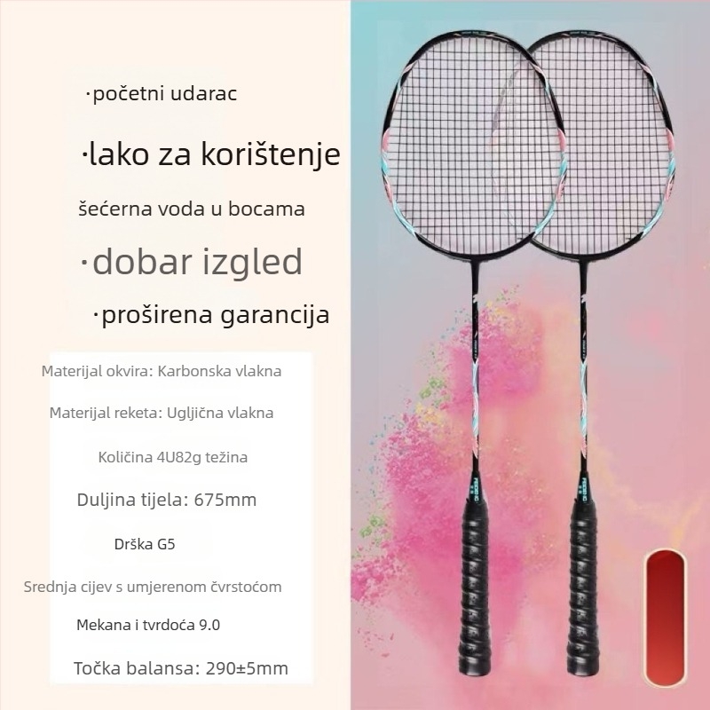 Zongjian badminton raketa s okvirom od željeznog legura, najlonske žice, neposredni udar, težina 85–89 g, mogućnost prilagođavanja