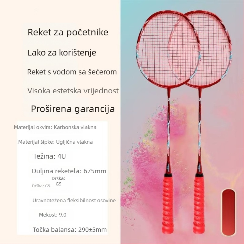 Zongjian badminton raketa s okvirom od željeznog legura, najlonske žice, neposredni udar, težina 85–89 g, mogućnost prilagođavanja