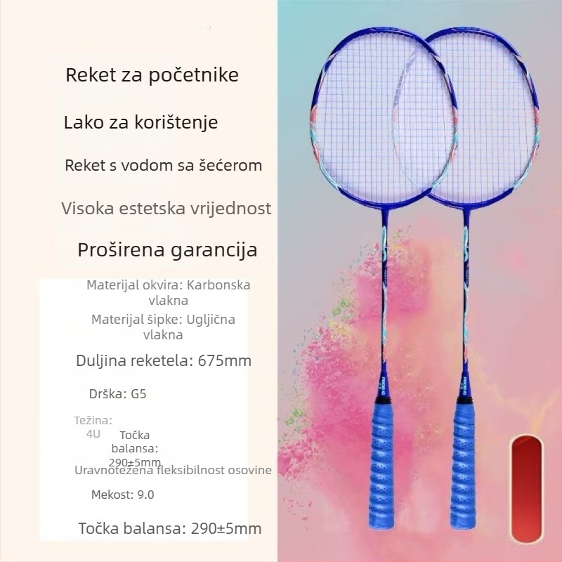 Zongjian badminton raketa s okvirom od željeznog legura, najlonske žice, neposredni udar, težina 85–89 g, mogućnost prilagođavanja