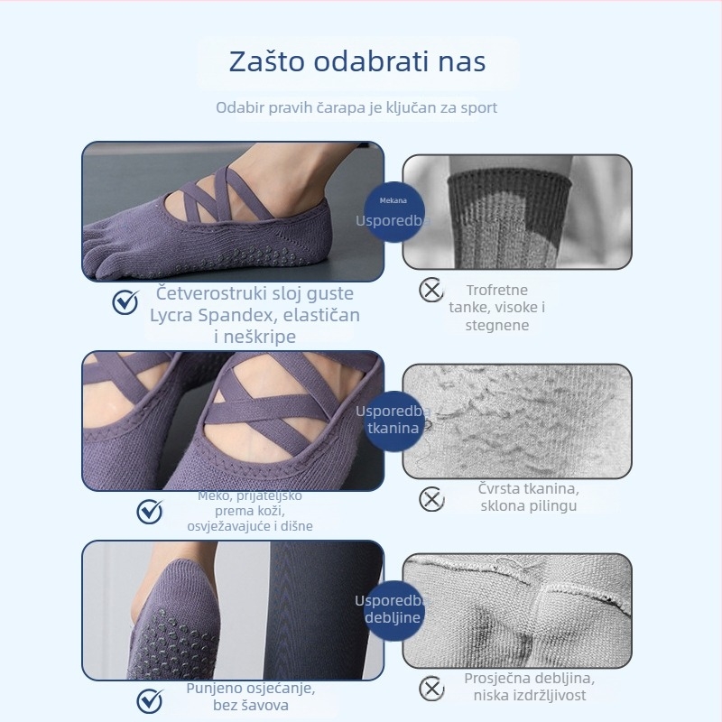 Toesox protuklizne čarape za yogu i pilates s odvojenim prstima, pamuk 70–80%, brzo sušenje, apsorpcija znoja