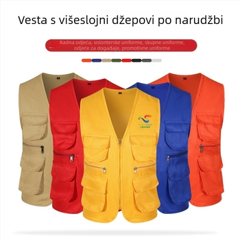Radna vesta s višestrukim džepovima i otiskom logotipa, ovratnik s reverom, zatvaranje jednim redom gumba, pamuk