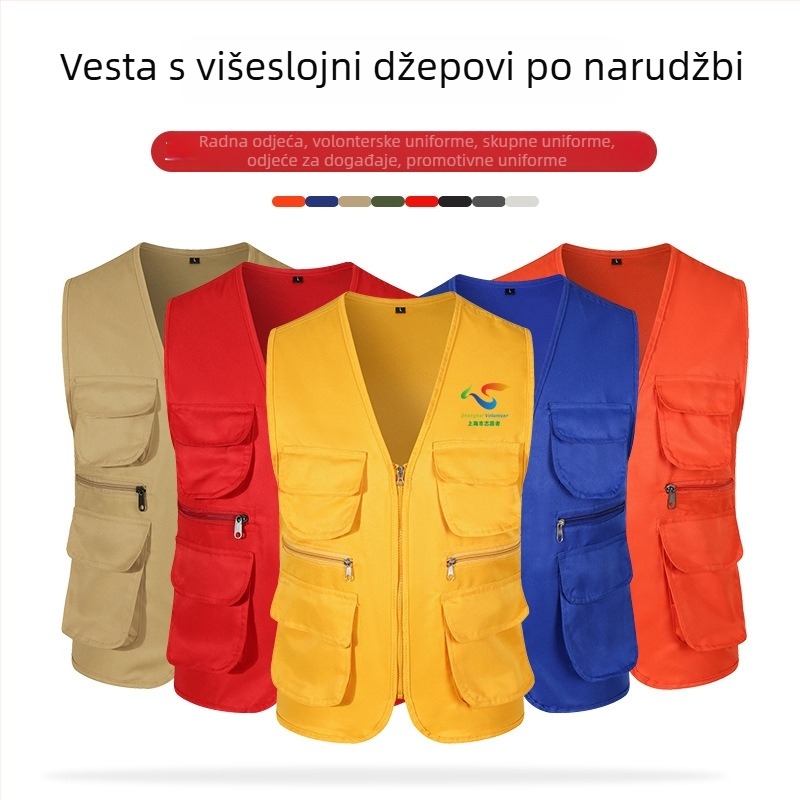 Radna vesta s višestrukim džepovima i otiskom logotipa, ovratnik s reverom, zatvaranje jednim redom gumba, pamuk