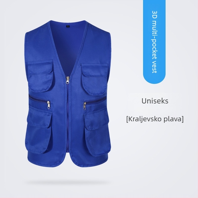 Radna vesta s višestrukim džepovima i otiskom logotipa, ovratnik s reverom, zatvaranje jednim redom gumba, pamuk