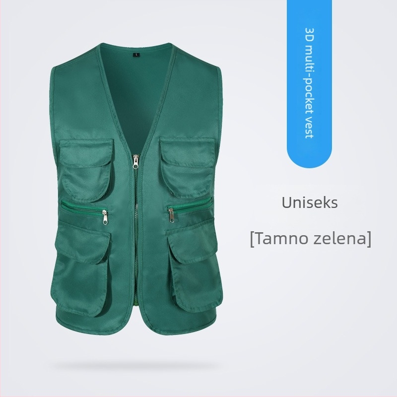 Radna vesta s višestrukim džepovima i otiskom logotipa, ovratnik s reverom, zatvaranje jednim redom gumba, pamuk