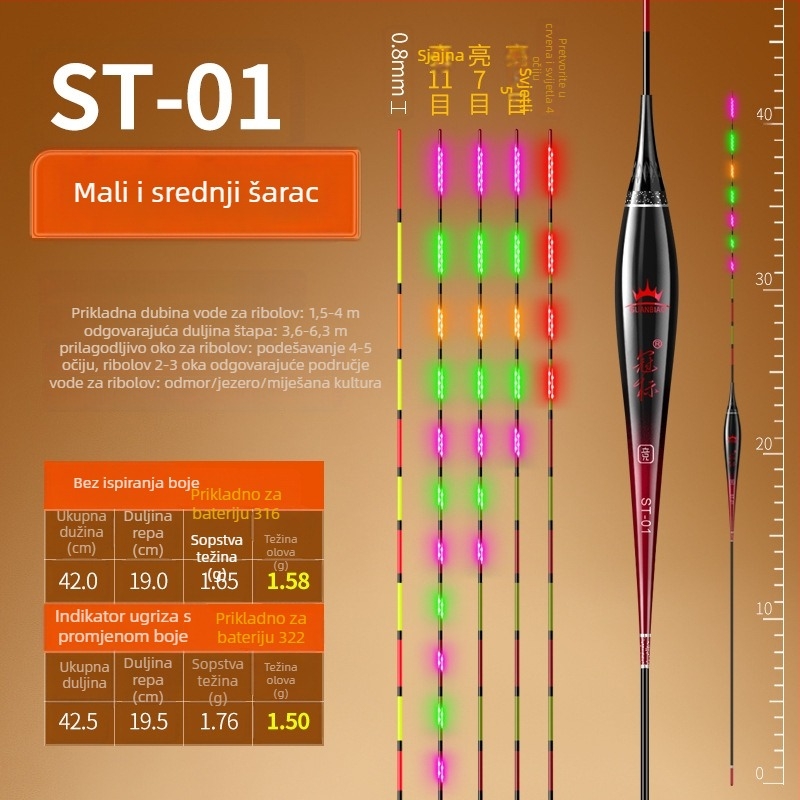 Elektronički plovak za ribolov Crown mark s LED osvjetljenjem, vertikalni drift, nanomaterijal, dnevno/noćni način